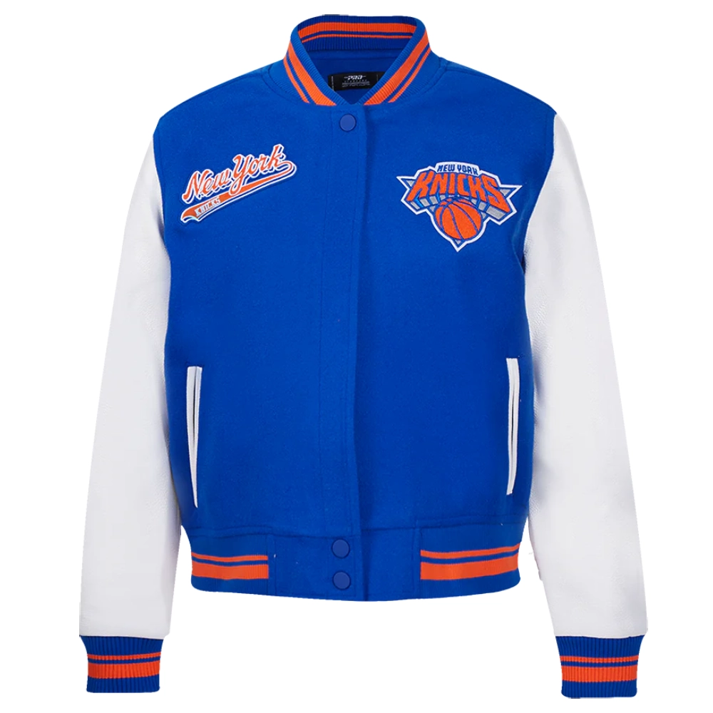 New york knicks script tail womens wool leather varsity jacket blue white 5