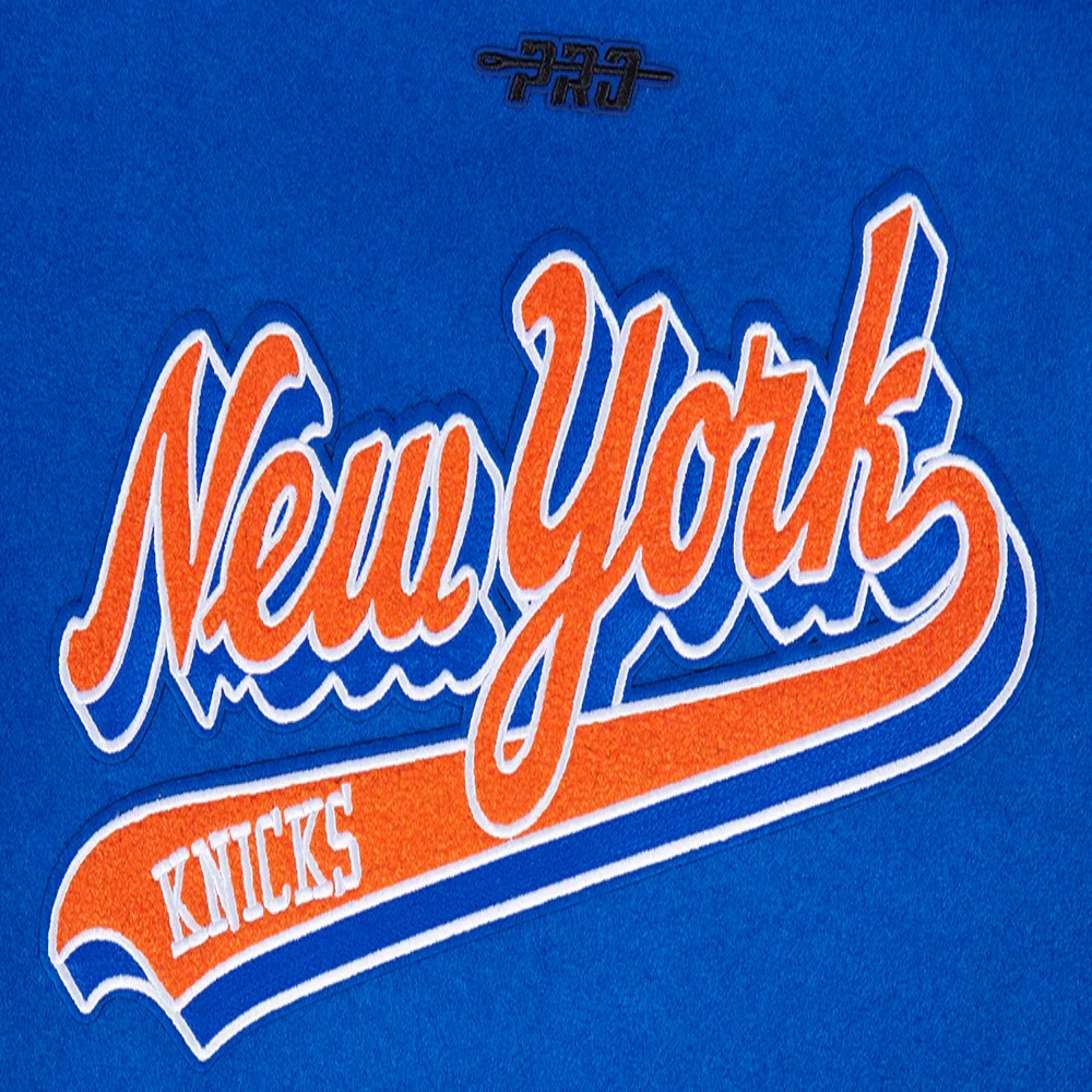 New york knicks script tail womens wool leather varsity jacket blue white