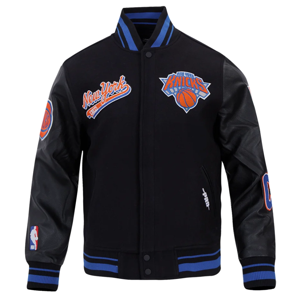 New york knicks script tail wool leather varsity jacket black 6