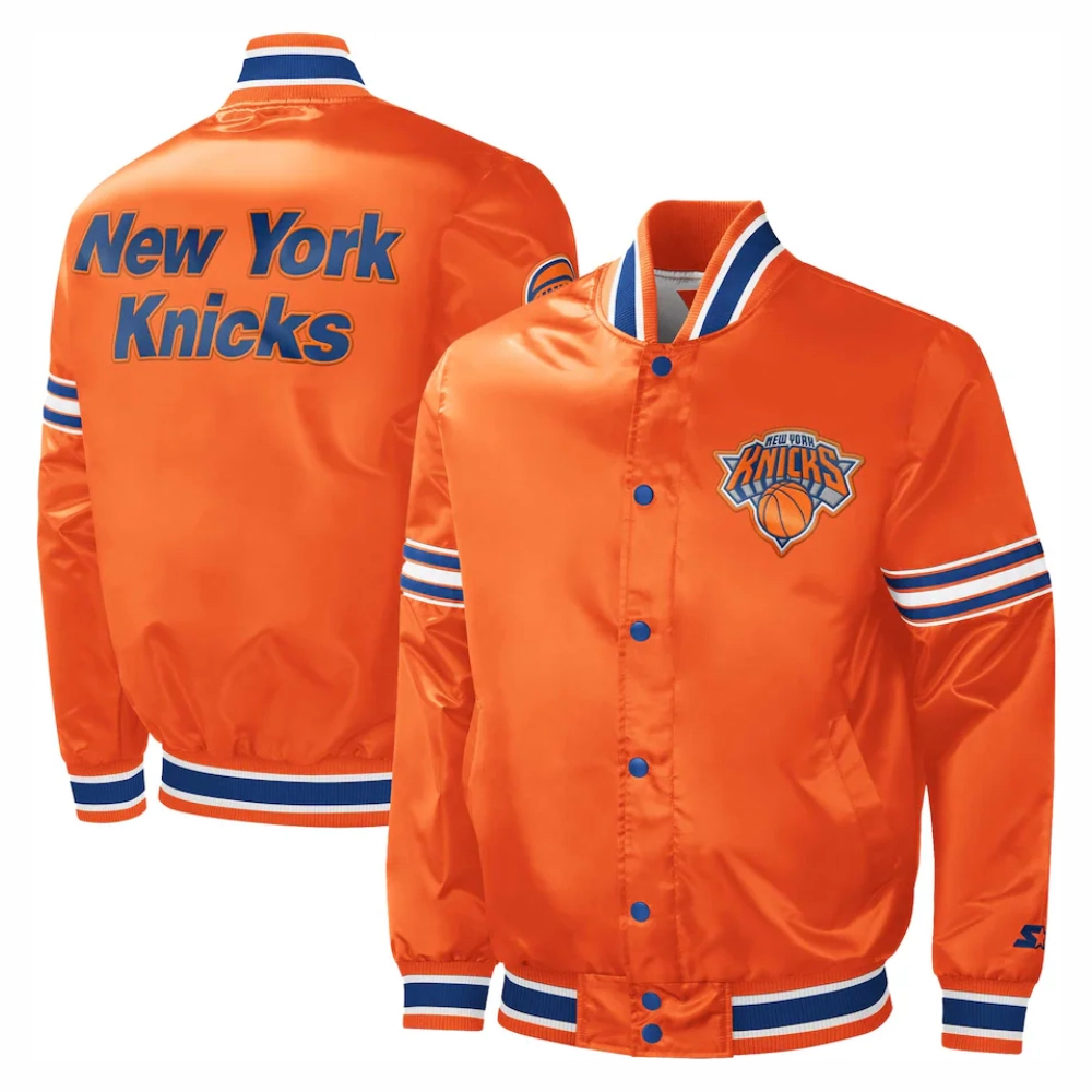 New york knicks slider full snap satin varsity jacket orange 1