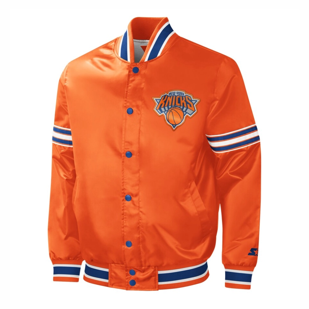 New york knicks slider full snap satin varsity jacket orange 2