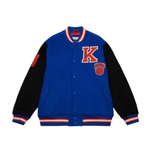 New york knicks team legacy full snap satin varsity jacket blue black 1