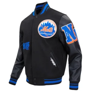 New york mets old english wool leather varsity jacket black 6 1