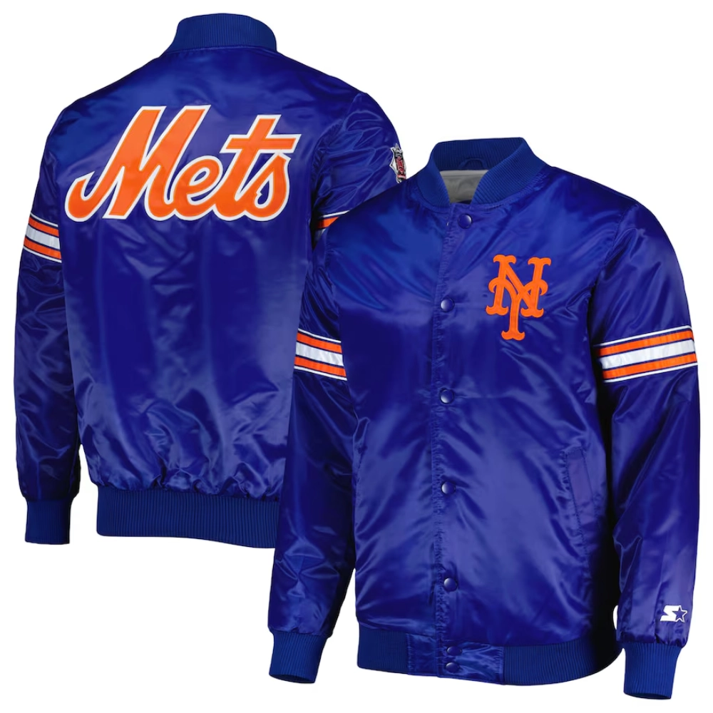 New york mets pick roll full snap satin varsity jacket blue 3