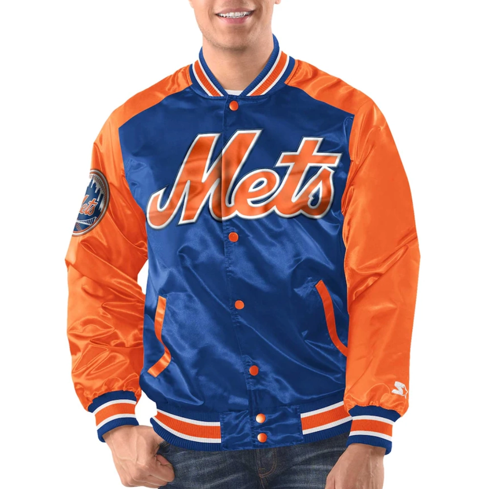 New york mets renegade satin varsity jacket blue orange 1