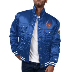 New york mets team varsity satin trucker jacket blue 1