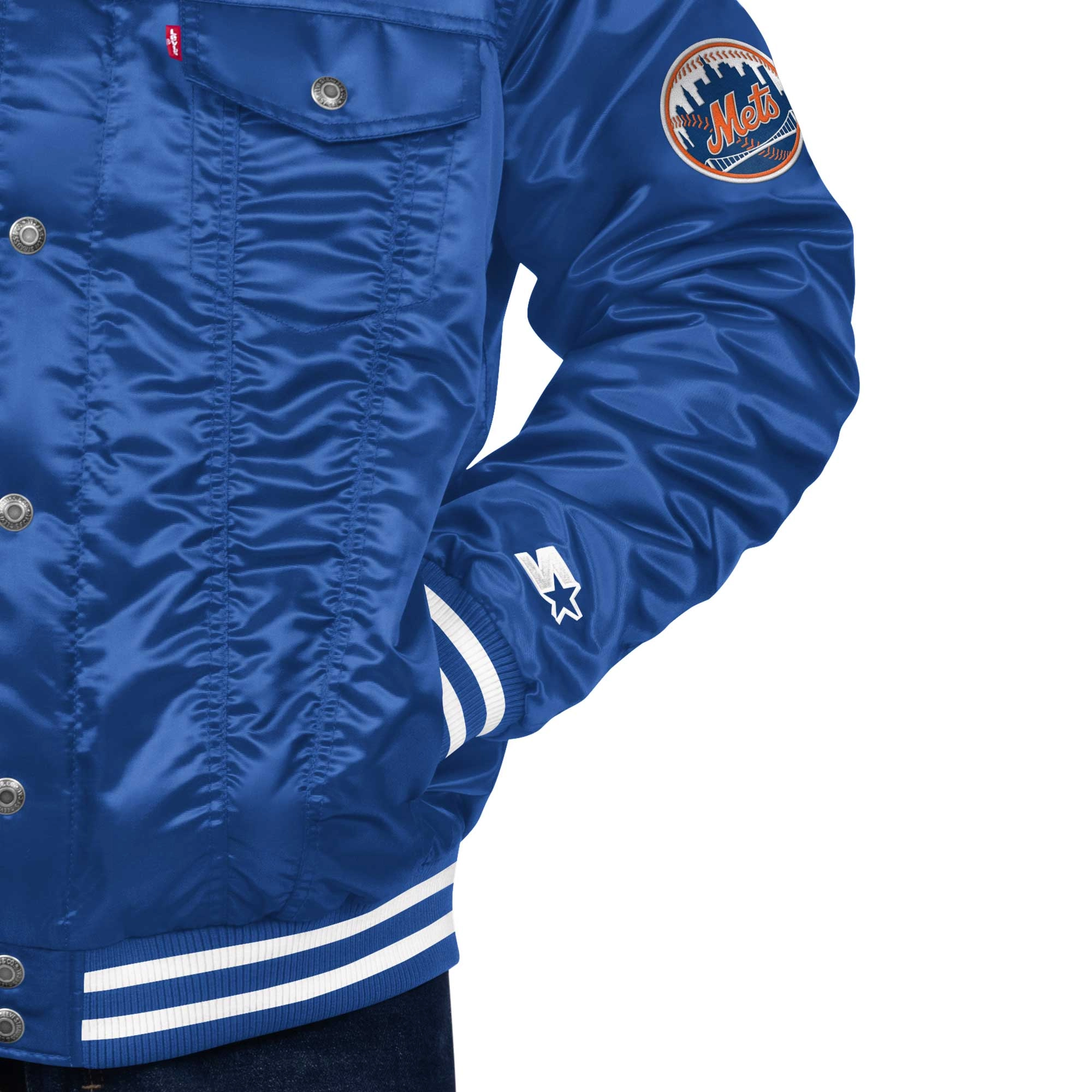 New york mets team varsity satin trucker jacket blue 2 1
