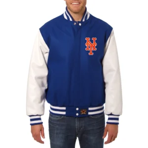 New york mets two tone wool and leather jacket blue white 1
