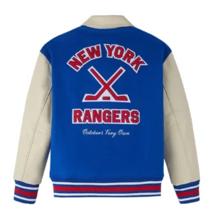 New york rangers blue full snap wool leather jacket