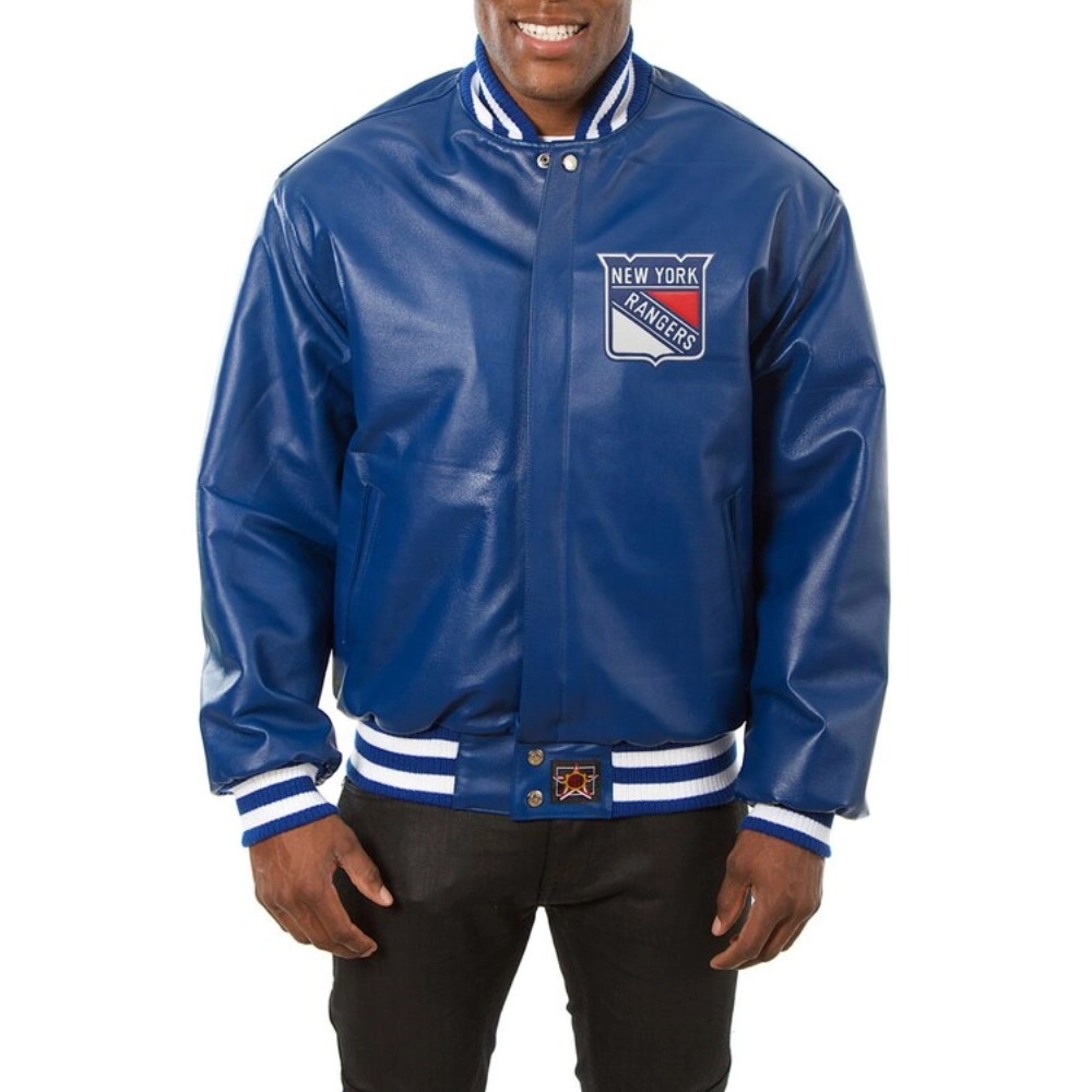 New york rangers genuine leather varsity jacket blue 1