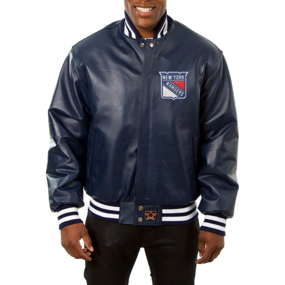 New york rangers real leather varsity jacket navy 1