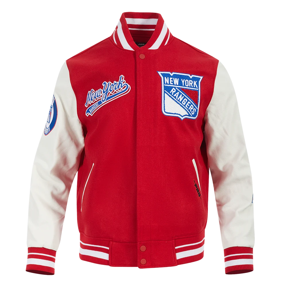 New york rangers script tail wool leather varsity jacket red white 1