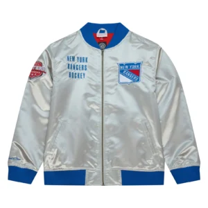 New york rangers team og 20 full zip satin varsity jacket silver 1