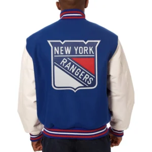 New york rangers two tone wool leather varsity jacket royal white 1 1