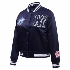 New york yankees mashup full snap womans satin varsity jacket navy 1