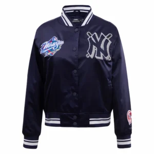 New york yankees mashup full snap womans satin varsity jacket navy 7