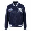 New york yankees mashup full snap womans satin varsity jacket navy 8
