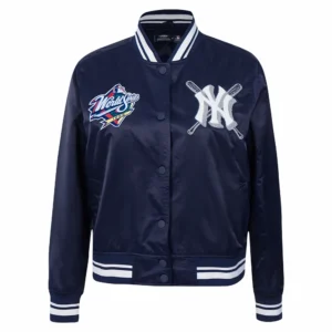 New york yankees mashup full snap womans satin varsity jacket navy 8