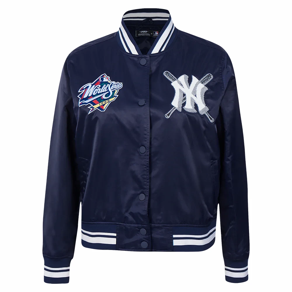 New york yankees mashup full snap womans satin varsity jacket navy 8