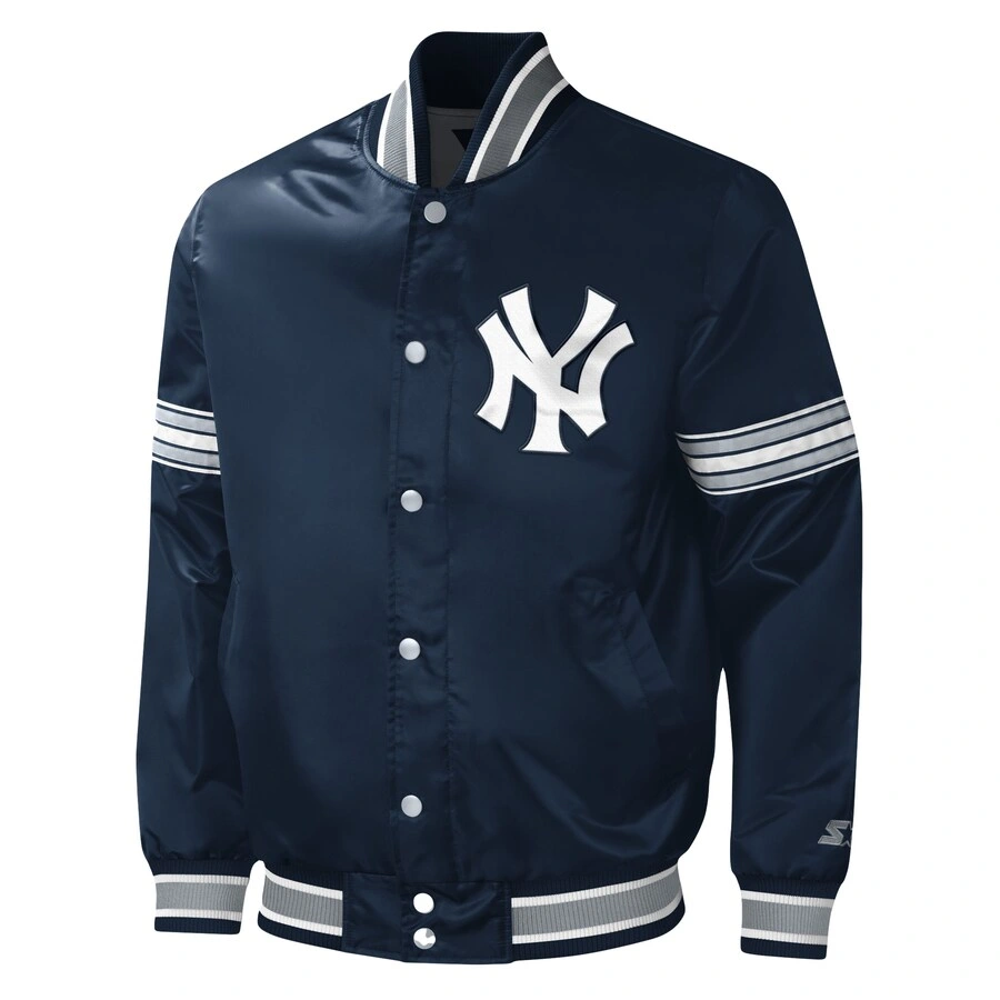 New york yankees midfield full snap satin varsity jacket navy 1