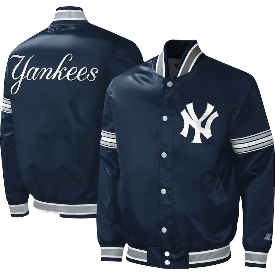 New york yankees midfield full snap satin varsity jacket navy 3