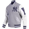 New york yankees old english wool leather varsity jacket greywhite 6 1