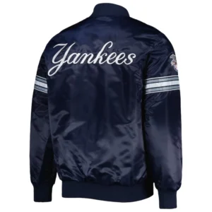 New york yankees pick roll full snap satin varsity jacket navy 1