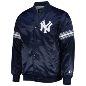 New york yankees pick roll full snap satin varsity jacket navy 2