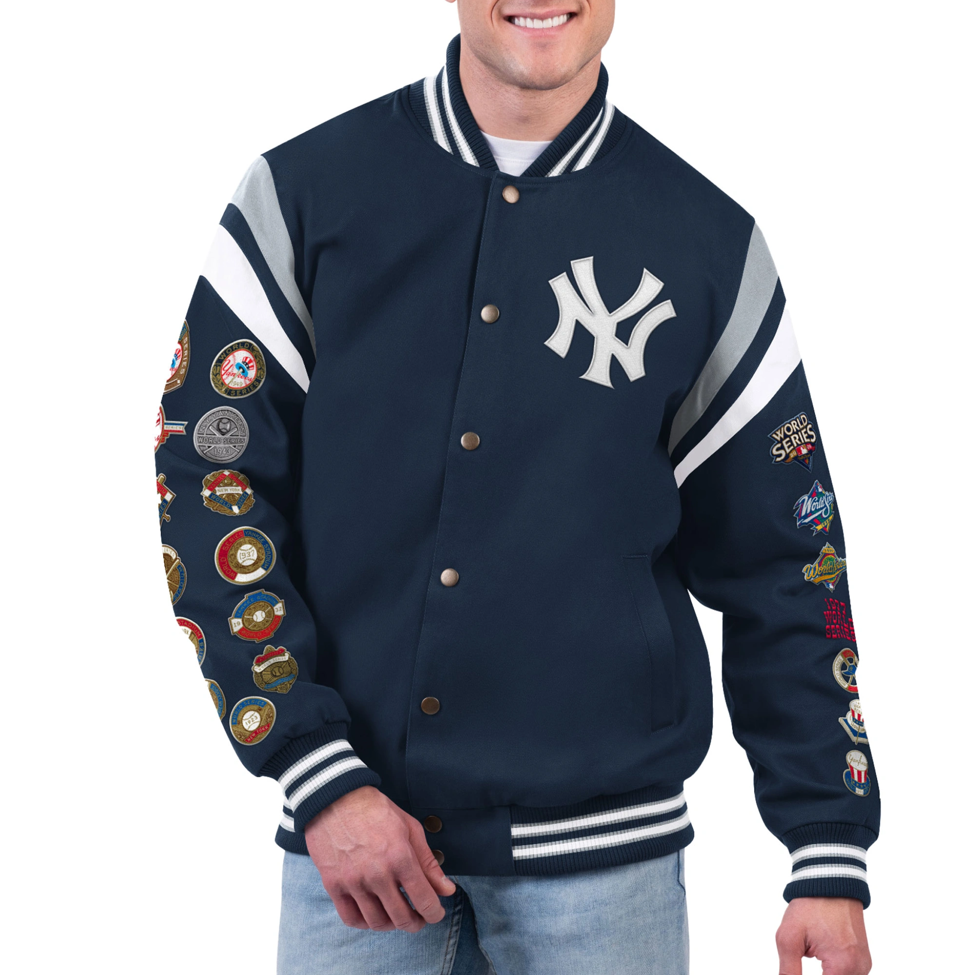 New york yankees quick full snap varsity jacket navy 1
