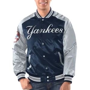 New york yankees renegade satin varsity jacket navy gray 1