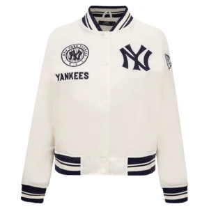 New york yankees retro classic womens full snap satin varsity jacket cream 7