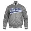 New york yankees script tail rib satin varsity jacket gray 1