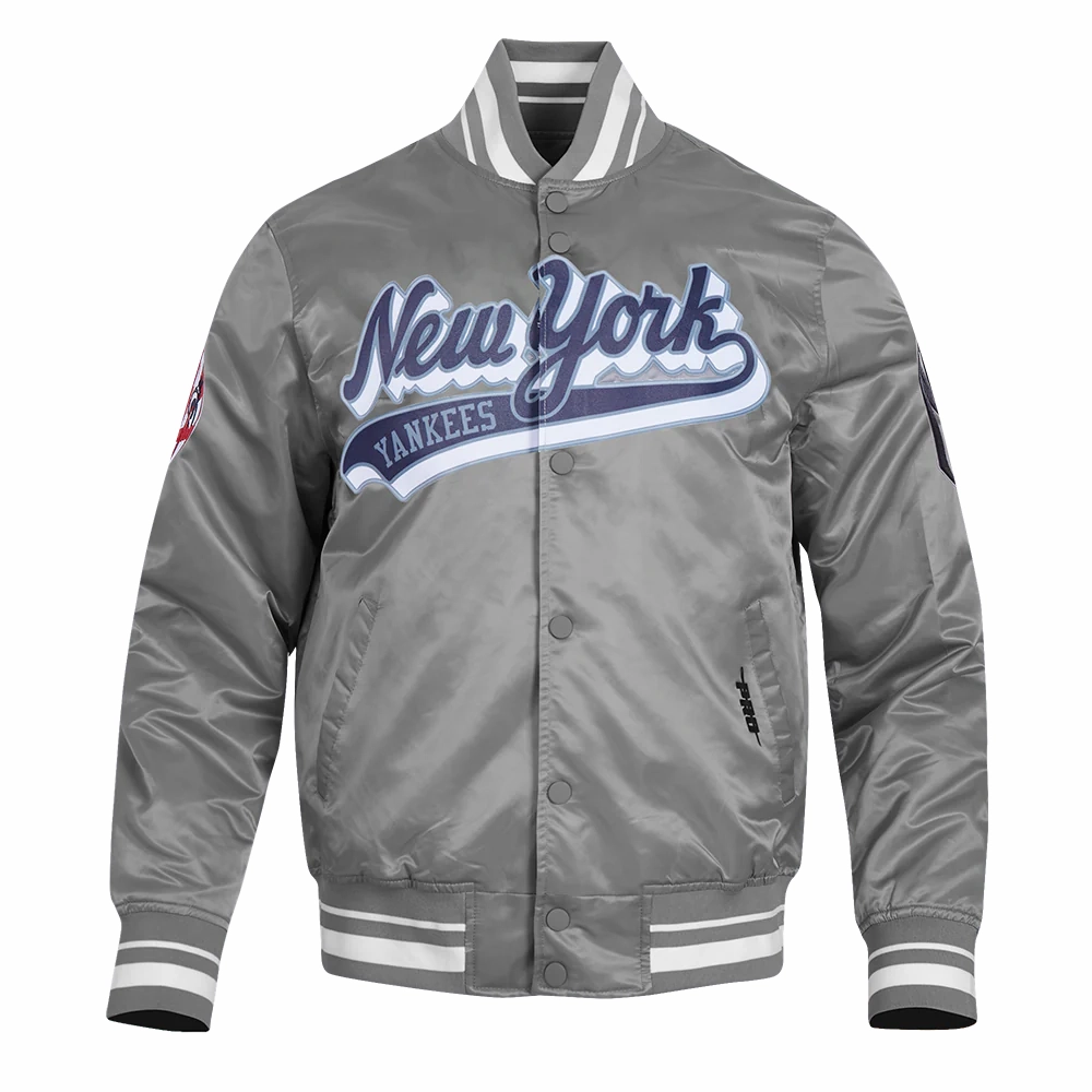 New york yankees script tail rib satin varsity jacket gray 1