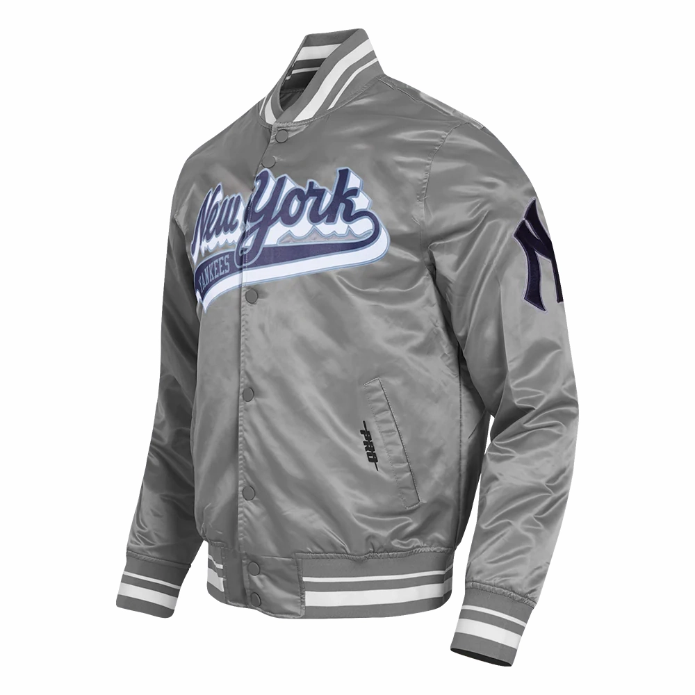 New york yankees script tail rib satin varsity jacket gray 2