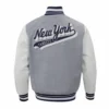 New york yankees script tail rib wool leather varsity jacket graywhite 3