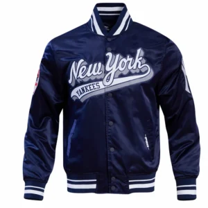 New york yankees script tail satin varsity jacket navy 1