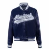 New york yankees script tail womens satin varsity jacket navy 1