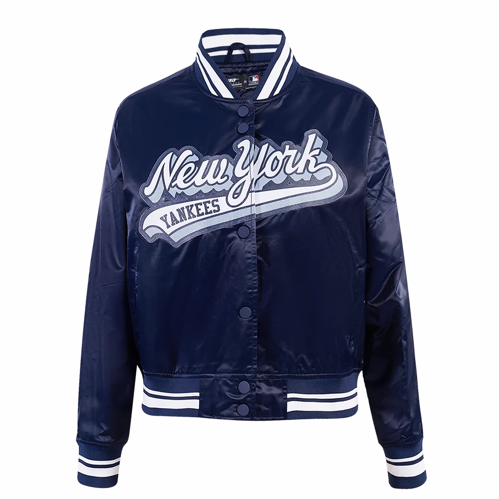 New york yankees script tail womens satin varsity jacket navy 1