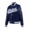 New york yankees script tail womens satin varsity jacket navy 2