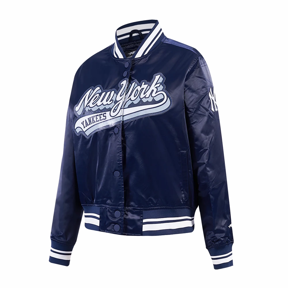 New york yankees script tail womens satin varsity jacket navy 2
