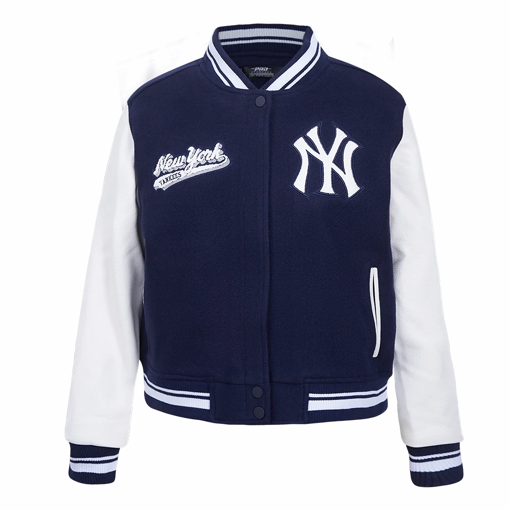 New york yankees script tail womens wool leather varsity jacket navywhite 1