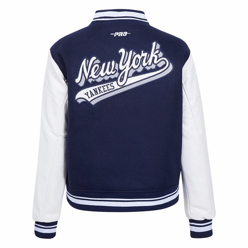 New york yankees script tail womens wool leather varsity jacket navywhite 2