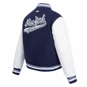 New york yankees script tail womens wool leather varsity jacket navywhite 3