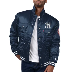 New york yankees silver tab satin trucker varsity jacket navy 1