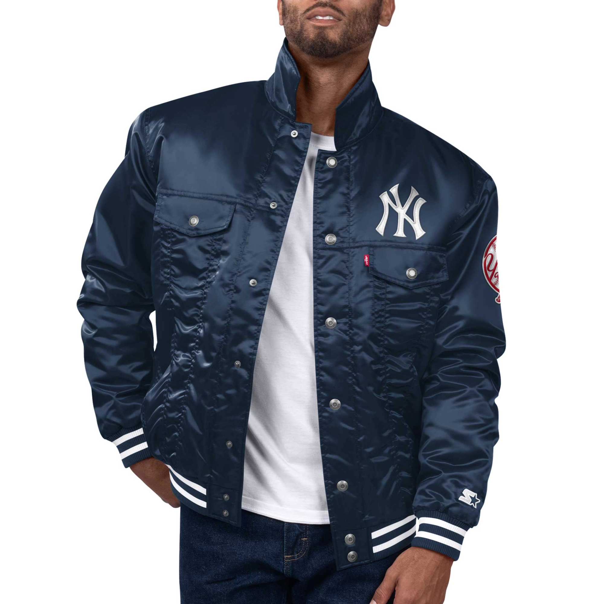 New york yankees silver tab satin trucker varsity jacket navy 1