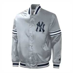 New york yankees slider full snap satin varsity jacket gray 2