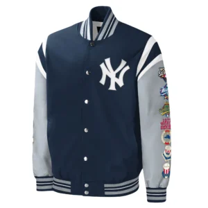 New york yankees title holder full snap varsity jacket navy grey 1 1