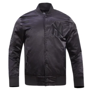 New york yankees triple black full snap satin varsity jacket 1 1