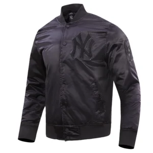 New york yankees triple black full snap satin varsity jacket 7 1