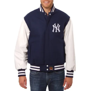 New york yankees two tone wool and leather jacket navy white 1